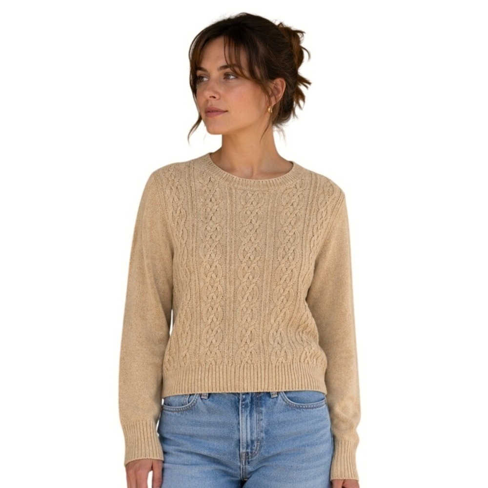 Lands End Cotton Wool Cable Knit Sweater Size M Petite Fisherman Neutral Classic